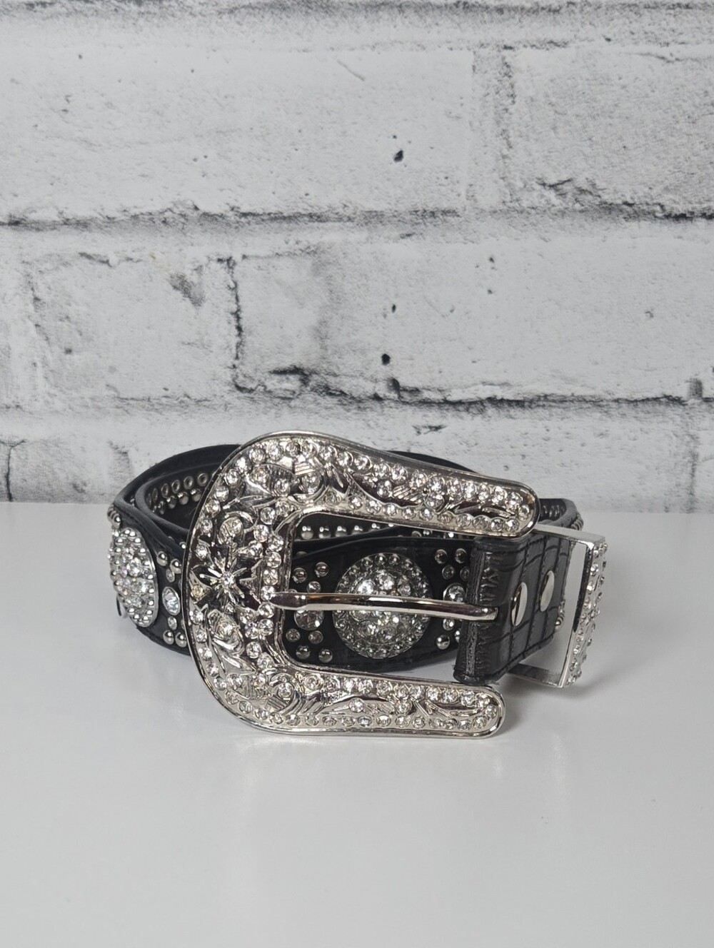 Nocona Black Rhinestone Western Belt Croc Embossed Bling Size 33